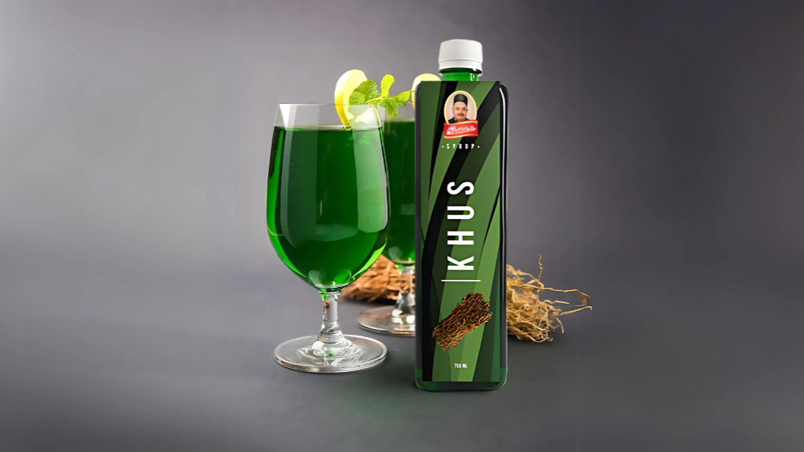 Bhikkilal’s Khus Sharbat bottle with green herbal drink for natural summer cooling and hydration.